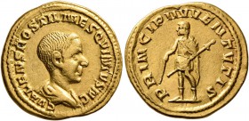 Hostilian, as Caesar, 250-251. Aureus (Gold, 19 mm, 4.21 g, 7 h), Rome. C VALENS HOSTIL MES QVINTVS N C Bare-headed and draped bust of Hostilian to ri...