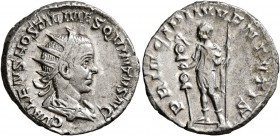 Hostilian, as Caesar, 250-251. Antoninianus (Silver, 20 mm, 3.83 g, 6 h), Rome. C VALENS HOSTIL MES QVINTVS N C Radiate and cuirassed bust of Hostilia...