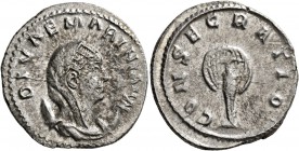 Diva Mariniana, died before 253. Antoninianus (Silver, 21 mm, 3.73 g, 1 h), Viminacium, 253-254. DIVAE MARINIANAE Veiled bust of Diva Mariniana set on...