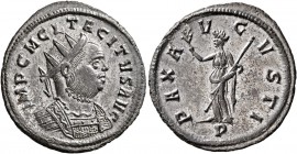 Tacitus, 275-276. Antoninianus (Silvered bronze, 22 mm, 3.15 g, 11 h), Ticinum, 276. IMP C M CL TACITVS AVG Radiate, draped and cuirassed bust of Taci...