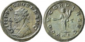 Probus, 276-282. Antoninianus (Bronze, 20 mm, 3.92 g, 12 h), Siscia, 280. IMP PROBVS P F AVG Radiate bust of Probus to left in imperial mantle, holdin...