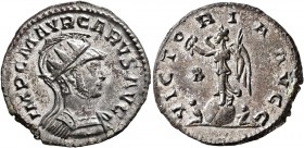 Carus, 282-283. Antoninianus (Silvered bronze, 22 mm, 3.70 g, 1 h), Lugdunum, 282. IMP C M AVR CARVS AVG Radiate, helmeted and cuirassed bust of Carus...