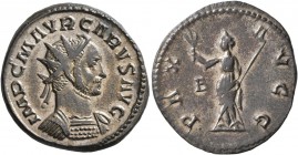 Carus, 282-283. Antoninianus (Silvered bronze, 23 mm, 4.15 g, 7 h), Lugdunum, 283. IMP C M AVR CARVS AVG Radiate and cuirassed bust of Carus to right....