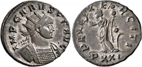Carus, 282-283. Antoninianus (Silvered bronze, 22 mm, 3.61 g, 6 h), Ticinum. IMP CARVS PF AVG Radiate and cuirassed bust of Carus to right. Rev. PAX E...