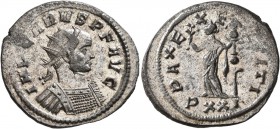 Carus, 282-283. Antoninianus (Silvered bronze, 25 mm, 3.97 g, 1 h), Ticinum. IMP CARVS P F AVG Radiate and cuirassed bust of Carus to right. Rev. PAX ...