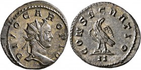 Divus Carus, died 283. Antoninianus (Silvered bronze, 22 mm, 4.39 g, 7 h), Lugdunum. DIVO CARO PIO Radiate head of Divus Carus to right. Rev. CONSECRA...