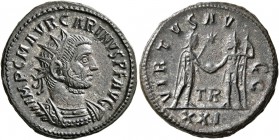 Carinus, 283-285. Antoninianus (Silvered bronze, 20 mm, 4.39 g, 12 h), Tripolis. IMP C M AVR CARINVS P F AVG Radiate and cuirassed bust of Carinus to ...