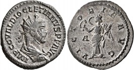 Diocletian, 284-305. Antoninianus (Billon, 22 mm, 3.67 g, 6 h), Lugdunum, 285. IMP C C VAL DIOCLETIANVS P F AVG Radiate, draped and cuirassed bust of ...