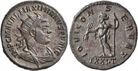 Maximianus, first reign, 286-305. Antoninianus (Silvered bronze, 22 mm, 3.72 g, 6 h), Ticinum, 287. IMP C M A VAL MAXIMIANVS P F AVG Radiate, draped a...