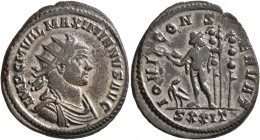 Maximianus, first reign, 286-305. Antoninianus (Billon, 24 mm, 4.92 g, 11 h), Ticinum, 290. IMP C M VAL MAXIMIANVS AVG Radiate, draped and cuirassed b...