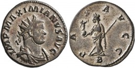 Maximianus, first reign, 286-305. Antoninianus (Silvered bronze, 21 mm, 3.66 g, 12 h), Lugdunum, 290-291. IMP MAXIMIANVS AVG Radiate, draped and cuira...