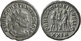 Constantius I, as Caesar, 293-305. Antoninianus (Silvered bronze, 21 mm, 3.48 g, 6 h), Siscia, 293-294. FL VAL CONSTANTIVS NOB C Radiate, draped and c...