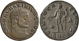 Maximinus II, as Caesar, 305-309. Follis (Bronze, 25 mm, 6.57 g, 12 h), Thessalonica, 308-310. GAL VAL MAXIMINVS NOB C Laureate head of Maximinus II t...