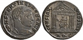 Constantine I, as Caesar, 306-309. Follis (Silvered bronze, 25 mm, 7.03 g, 6 h), Aquileia, 307. CONSTANTINVS NOB CAES Laureate head of Constantine I t...