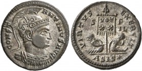 Constantine I, 307/310-337. Follis (Silvered bronze, 19 mm, 3.60 g, 7 h), Siscia, 320. CONST-ANTINVS AVG Helmeted, draped and cuirassed bust of Consta...