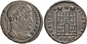 Constantine I, 307/310-337. Follis (Silvered bronze, 18 mm, 3.05 g, 7 h), Treveri, 327-328. CONSTANTINVS AVG Laureate head of Constantine to right. Re...