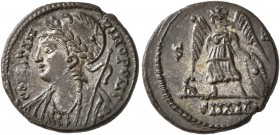 Commemorative Series, 330-354. Follis (Silvered bronze, 15 mm, 2.17 g, 6 h), Alexandria, circa 337-340. CONSTAN-TINOPOLIS Helmeted, laureate and mantl...