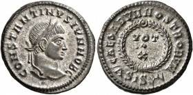 Constantine II, as Caesar, 316-337. Follis (Silvered bronze, 19 mm, 3.55 g, 1 h), Siscia, 321-324. CONSTANTINVS IVN NOB C Laureate head of Constantine...