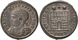 Constantine II, as Caesar, 316-337. Follis (Silvered bronze, 20 mm, 3.29 g, 12 h), Treveri, 327-328. CONSTANTINVS IVN NOB C Laureate, draped and cuira...