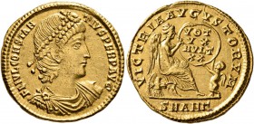 Constantius II, 337-361. Solidus (Gold, 21 mm, 4.50 g, 5 h), Antiochia, 337-347. FL IVL CONSTAN-TIVS PERP AVG Pearl-diademed, draped and cuirassed bus...