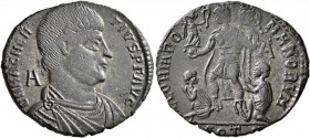 Magnentius, 350-353. Follis (Silvered bronze, 24 mm, 4.87 g, 12 h), Aquileia, 350-351. D N MAGNEN-TIVS P F AVG / A Bare-headed, draped and cuirassed b...