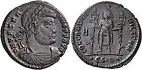 Vetranio, 350. Follis (Bronze, 24 mm, 6.60 g, 7 h), Siscia. D N VETRA-NIO P F AVG Laureate, draped and cuirassed bust of Vetranio to right; behind to ...