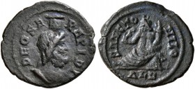 Festival of Isis, mid 4th century. Nummus (Bronze, 13 mm, 0.96 g, 12 h), Alexandria. DEO SE-RAPIDI Draped bust of Serapis to right, wearing modius. Re...