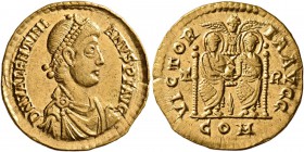 Valentinian II, 375-392. Solidus (Gold, 20 mm, 4.40 g, 12 h), Treveri, 388-392. D N VALENTINI-ANVS P F AVG Pearl-diademed, draped and cuirassed bust o...