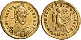 Arcadius, 383-408. Solidus (Gold, 20 mm, 4.43 g, 5 h), Constantinopolis, circa 402-403. D N ARCADI-VS P F AVG Helmeted and cuirassed bust of Arcadius ...