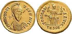 Honorius, 393-423. Solidus (Gold, 23 mm, 4.35 g, 12 h), Thessalonica, 408-420. D N HONORI-VS P F AVG Pearl-diademed, helmeted and cuirassed bust of Ho...