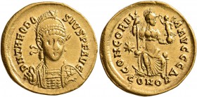 Theodosius II, 402-450. Solidus (Gold, 21 mm, 4.46 g, 7 h), Constantinopolis, 403-408. D N THEODO-SIVS P F AVG Helmeted and cuirassed bust of Theodosi...