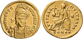 Theodosius II, 402-450. Solidus (Gold, 20 mm, 3.86 g, 6 h), Constantinopolis, 430-440. D N THEODO-SIVS P F AVG Helmeted and cuirassed bust of Theodosi...