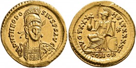Theodosius II, 402-450. Solidus (Gold, 21 mm, 4.46 g, 7 h), Constantinopolis, 430-440. D N THEODO-SIVS P F AVG Helmeted and cuirassed bust of Theodosi...