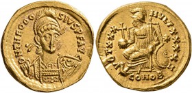 Theodosius II, 402-450. Solidus (Gold, 19 mm, 3.98 g, 12 h), Constantinopolis, 430-440. D N THEODO-SIVS P F AVG Helmeted and cuirassed bust of Theodos...