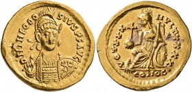 Theodosius II, 402-450. Solidus (Gold, 21 mm, 4.13 g, 6 h), Constantinopolis, 430-440. D N THEODO-SIVS P F AVG Helmeted and cuirassed bust of Theodosi...