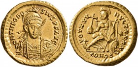 Theodosius II, 402-450. Solidus (Gold, 20 mm, 4.46 g, 6 h), Constantinopolis, 430-440. D N THEODO-SIVS P F AVG Helmeted and cuirassed bust of Theodosi...