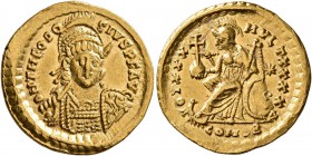 Theodosius II, 402-450. Solidus (Gold, 20 mm, 4.23 g, 6 h), Constantinopolis, 430-440. D N THEODO-SIVS P F AVG Helmeted and cuirassed bust of Theodosi...