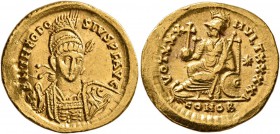 Theodosius II, 402-450. Solidus (Gold, 21 mm, 4.40 g, 6 h), Constantinopolis, 430-440. D N THEODO-SIVS P F AVG Helmeted and cuirassed bust of Theodosi...