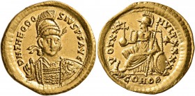 Theodosius II, 402-450. Solidus (Gold, 20 mm, 4.36 g, 6 h), Constantinopolis, 430-440. D N THEODO-SIVS P F AVG Helmeted and cuirassed bust of Theodosi...