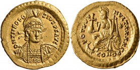 Theodosius II, 402-450. Solidus (Gold, 21 mm, 4.45 g, 6 h), Constantinopolis, 430-440. D N THEODOSIVS P F AVG Helmeted and cuirassed bust of Theodosiu...