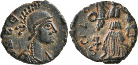 Zeno and Leo Caesar, 476-477. Nummus (Bronze, 12 mm, 1.28 g, 6 h), Constantinopolis. D N ZЄNO [PЄ VG] Helmeted, draped and cuirassed bust of Zeno to r...