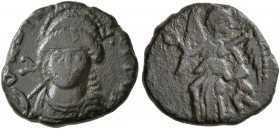 Zeno, second reign, 476-491. Nummus (Bronze, 12 mm, 1.27 g, 1 h), Nicomedia (?). D N ZIN[O...] (sic!) Helmeted, diademed and cuirassed bust of Zeno fa...