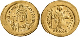 Justinian I, 527-565. Solidus (Gold, 21 mm, 4.26 g, 6 h), Constantinopolis. D N IVSTINIANVS P P AVI Helmeted and cuirassed bust of Justinian facing, h...