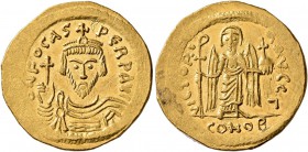 Phocas, 602-610. Solidus (Gold, 21 mm, 4.45 g, 6 h), Constantinopolis, 604-607. d N FOCAS PERP AVI Draped and cuirassed bust of Phocas facing, wearing...