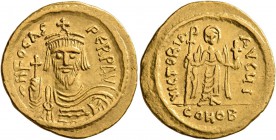 Phocas, 602-610. Solidus (Gold, 21 mm, 4.48 g, 7 h), Constantinopolis, 607-609. d N FOCAS PERP AVI Draped and cuirassed bust of Phocas facing, wearing...