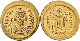 Phocas, 602-610. Solidus (Gold, 21 mm, 4.47 g, 7 h), Constantinopolis, 607-609. d N FOCAS PERP AVI Draped and cuirassed bust of Phocas facing, wearing...