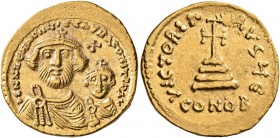 Heraclius, with Heraclius Constantine, 610-641. Solidus (Gold, 20 mm, 4.47 g, 7 h), Constantinopolis, circa 616-625. dd NN hERACLIUS ET hERA CONST PP ...