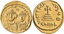 Heraclius, with Heraclius Constantine, 610-641. Solidus (Gold, 21 mm, 4.46 g, 7 h), Constantinopolis, circa 616-625. dd NN hERACLIUS ET hERA CONST PP ...
