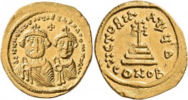 Heraclius, with Heraclius Constantine, 610-641. Solidus (Gold, 21 mm, 4.40 g, 7 h), Constantinopolis, circa 616-625. dd NN hERACLIUS ET hERA CONST PP ...