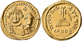 Heraclius, with Heraclius Constantine, 610-641. Solidus (Gold, 20 mm, 4.38 g, 7 h), Constantinopolis, circa 616-625. dd NN hERACLIVS ET hERA CONST PP ...